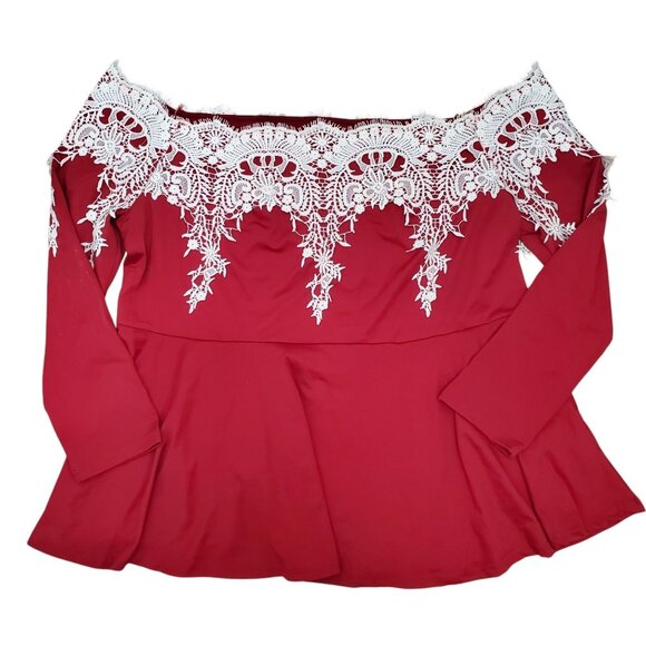 Rosegal Woman's Bright Red White Lace Trim 3/4 Sleeve Peplum Top NWT Plus 4X - Picture 1 of 4
